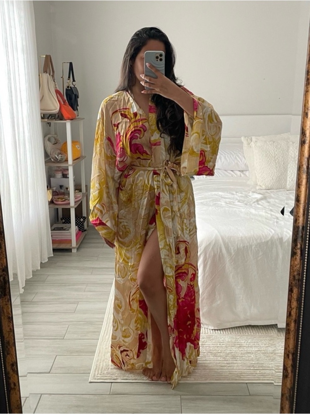 SOMA 100% Silk Floral Kimono Robe | NWT | Pink & Yellow | S/M - Picture 6 of 6